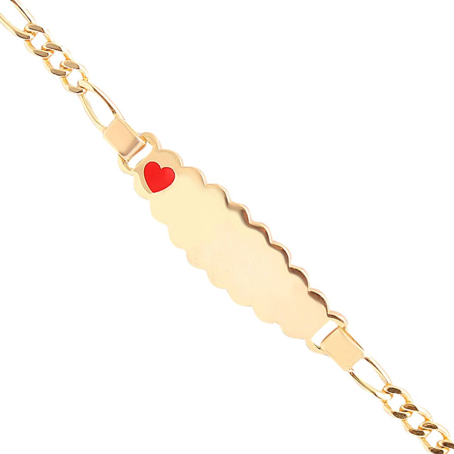 14 Ayar Sarı Altın Kırmızı Mineli Kırmızı Kalp Desenli Çocuk Künye Bileklik