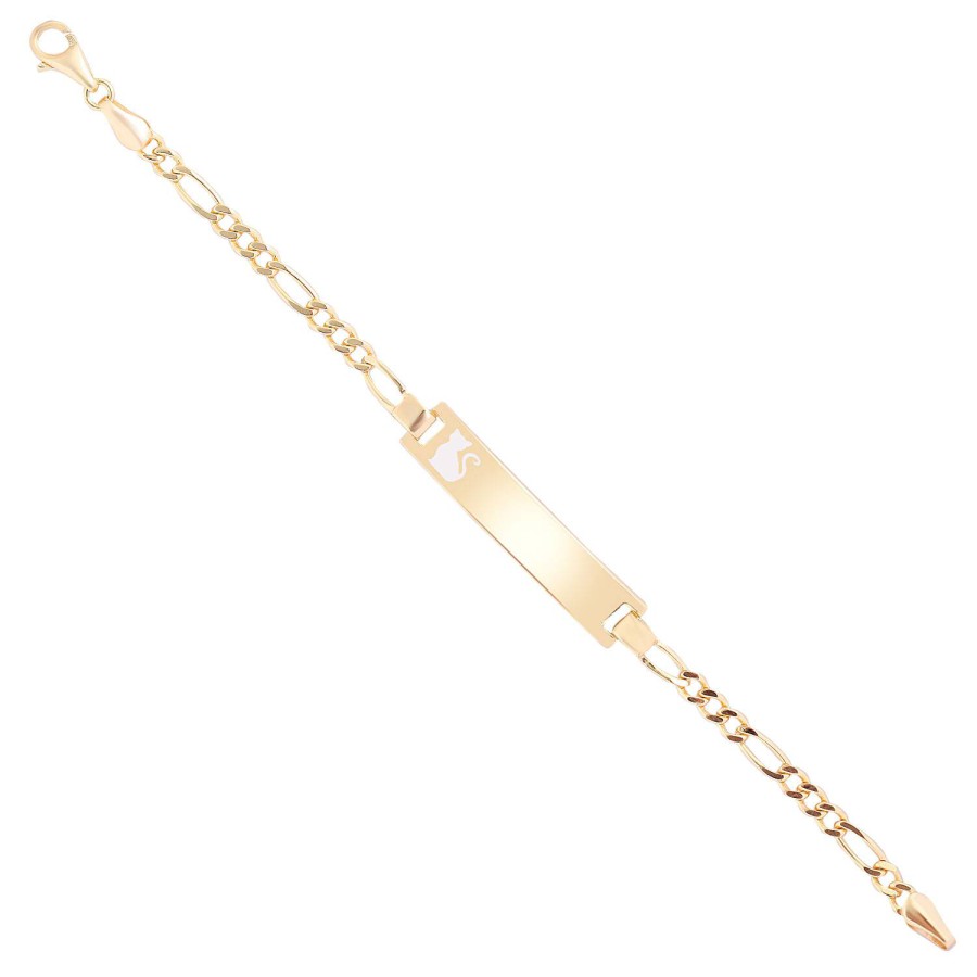 14 Ayar Sarı Altın Gri Mineli Kedi Figürlü Çocuk Künye Bileklik