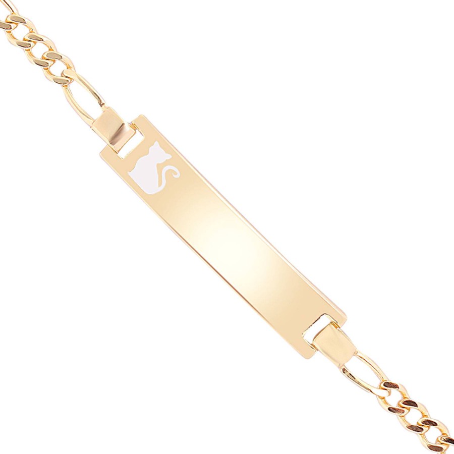 14 Ayar Sarı Altın Gri Mineli Kedi Figürlü Çocuk Künye Bileklik