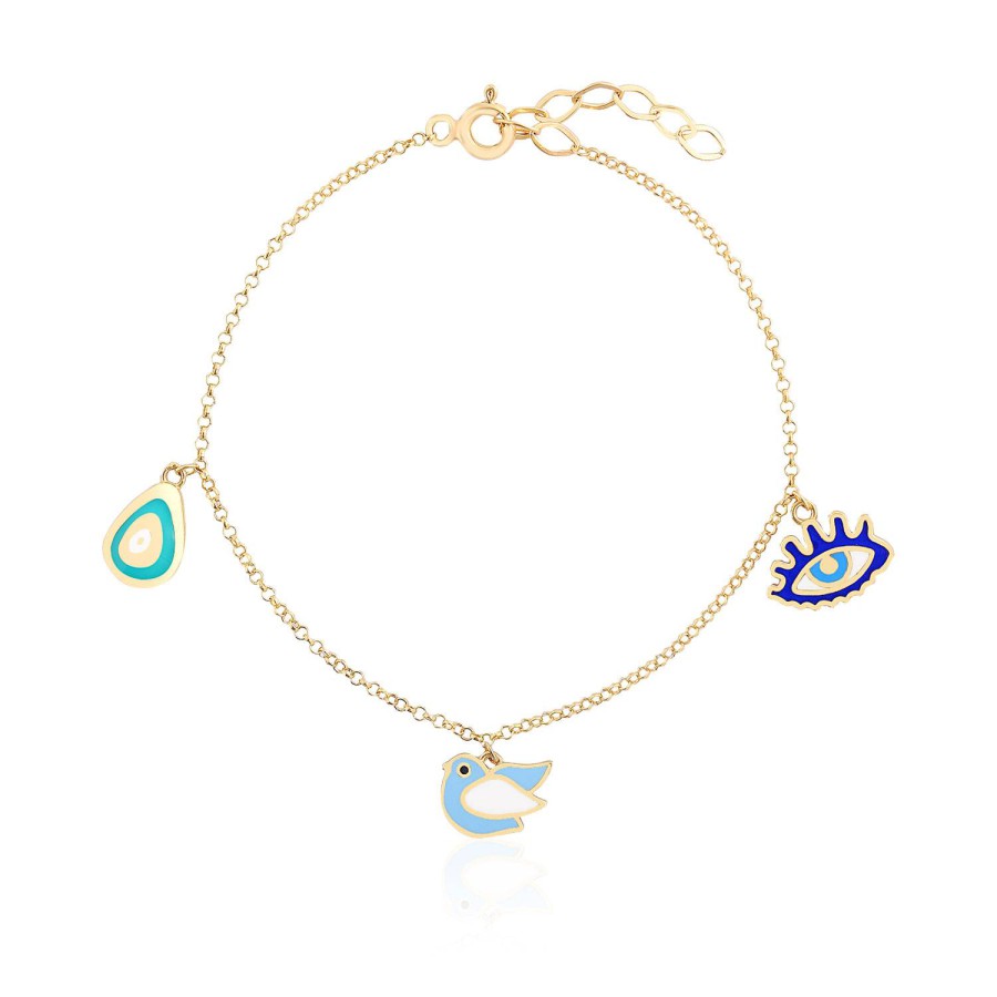 14 Ayar Sarı Altın Göz Kış Figürlü Mineli Sallantılı Bileklik