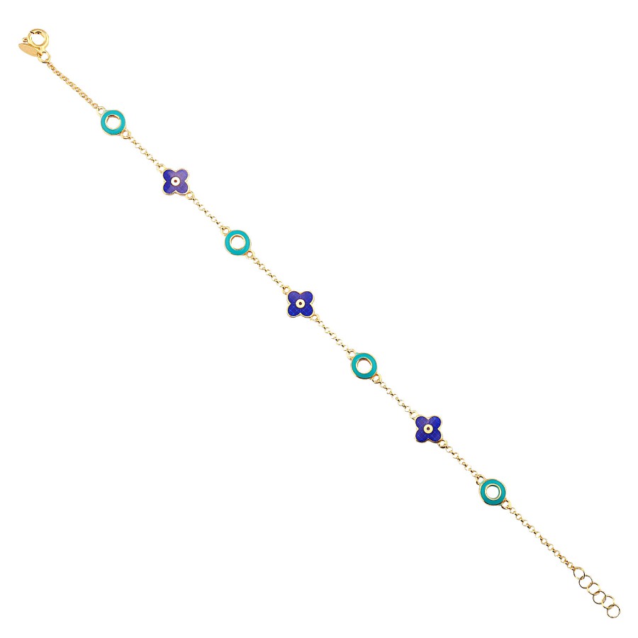 14 Ayar Sarı Altın Lacivert Ve Turkuaz Mineli Çiçek Figürlü Bileklik