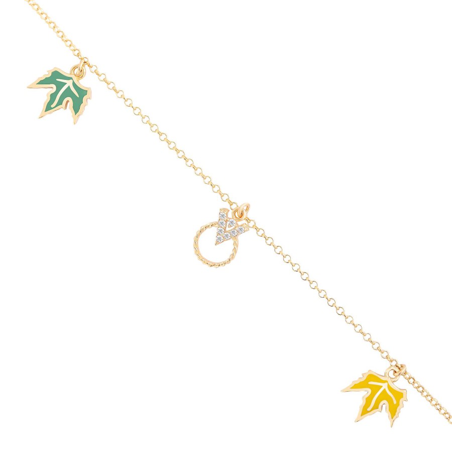 14 Ayar Sarı Altın Renkli Yaprak Figürlü V Harfli Sallantılı Taşlı Bileklik