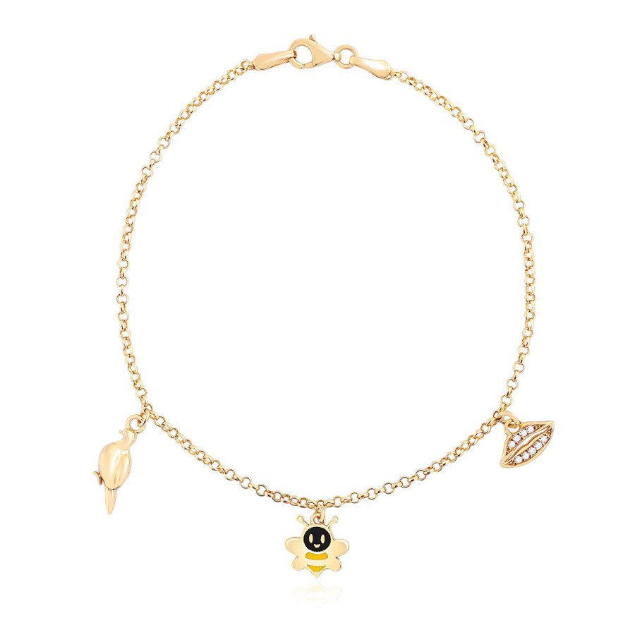 14 Ayar Sarı Altın Kuş Arı Figürlü Mineli Sallantılı Bileklik
