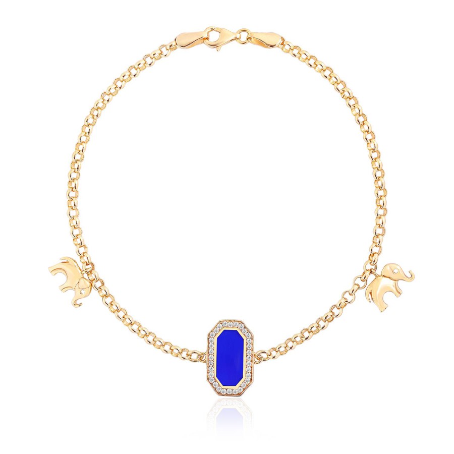 14 Ayar Sarı Altın Taşlı Sallantılı Fil Figürlü Mavi Mineli Bileklik