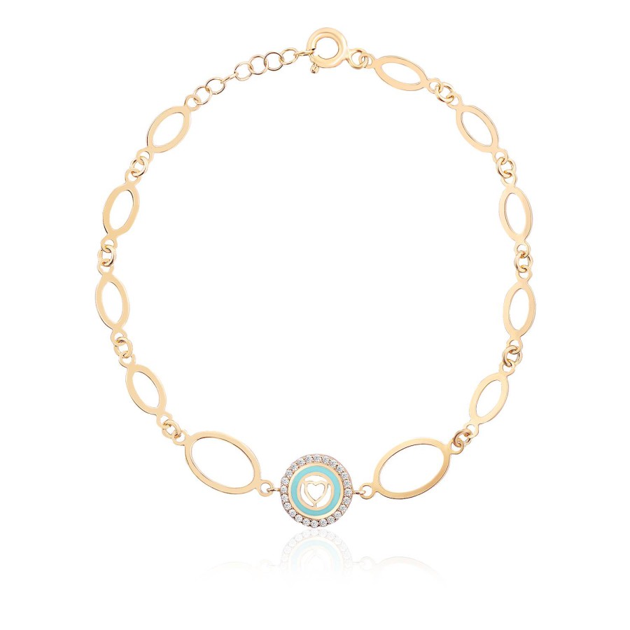 14 Ayar Sarı Altın Oval Zincirli Kalp Figürlü Turkuaz Mineli Taşlı Bileklik