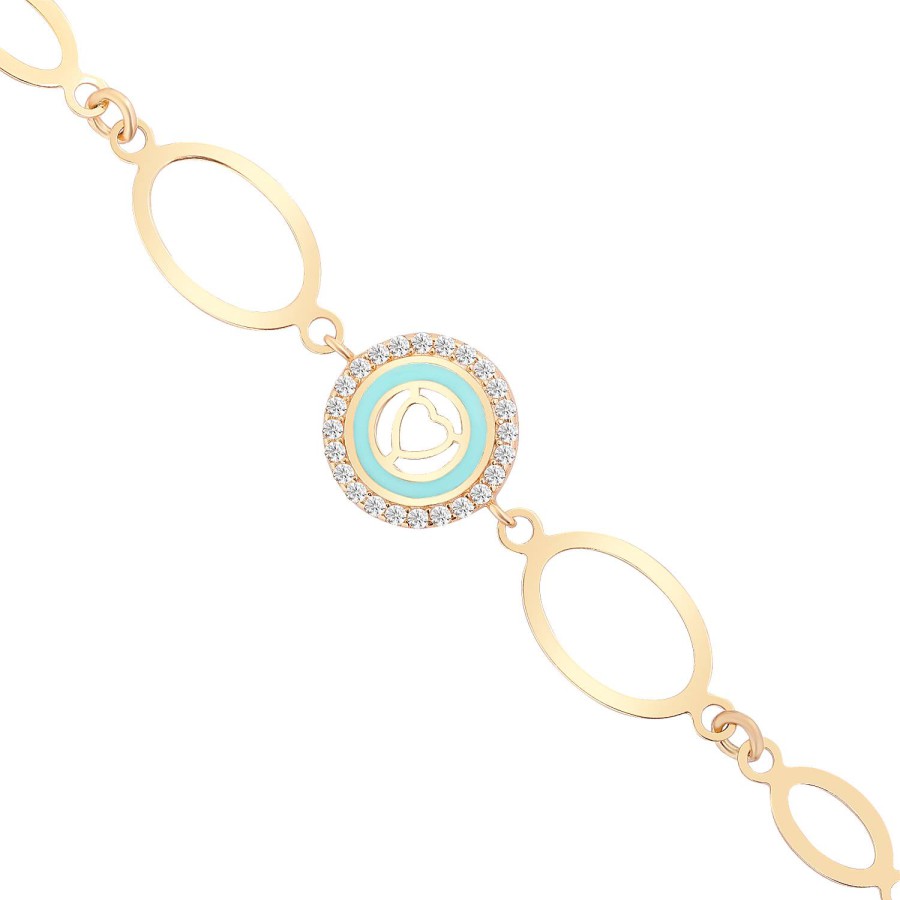 14 Ayar Sarı Altın Oval Zincirli Kalp Figürlü Turkuaz Mineli Taşlı Bileklik