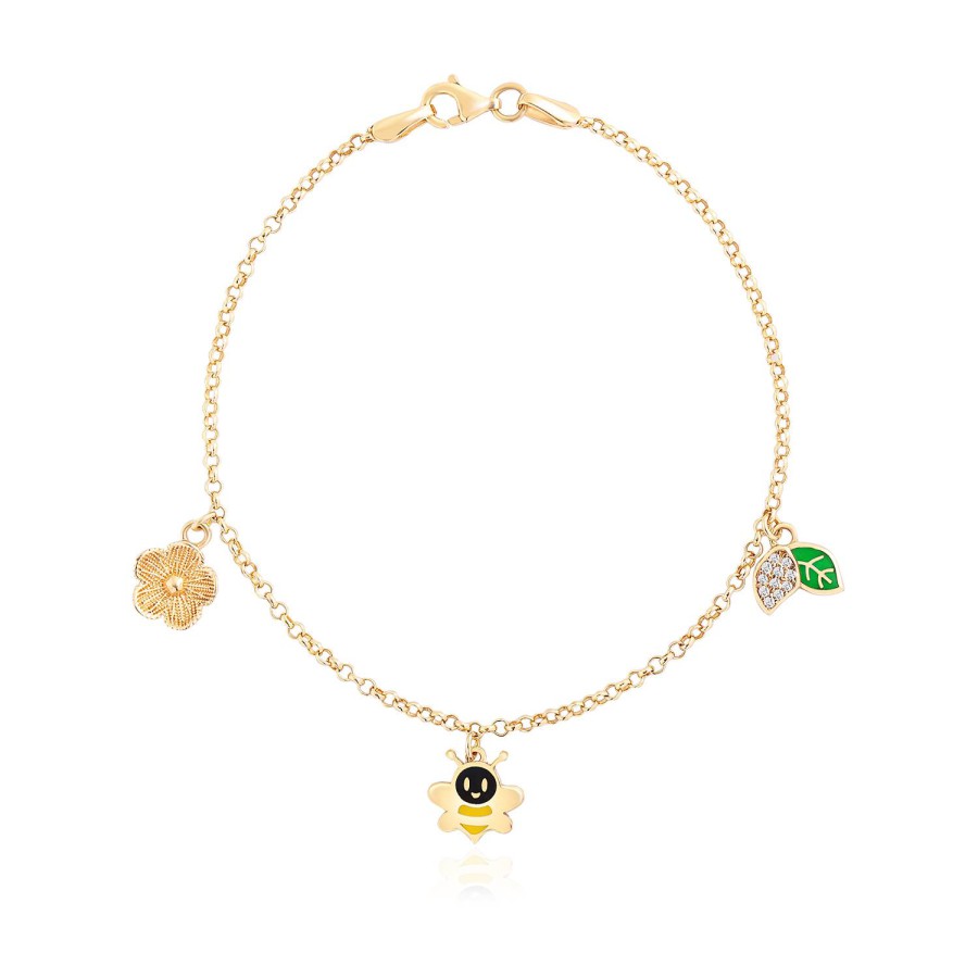 14 Ayar Sarı Altın Sallantılı Arı Ve Yaprak Taşlı Bileklik