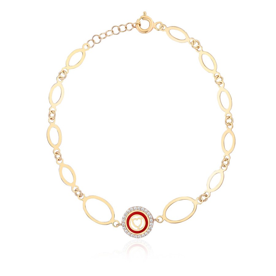 14 Ayar Sarı Altın Halka Zincir Kırmızı Mineli Taşlı Bileklik