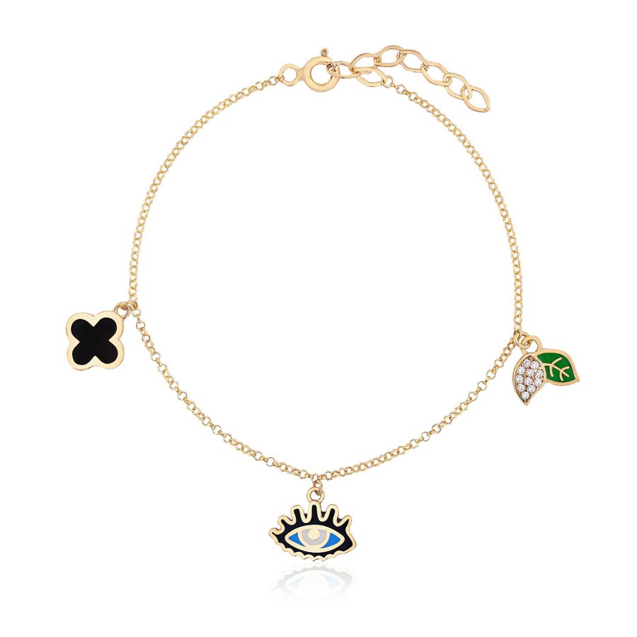 14 Ayar Sarı Altın Göz Yaprak Figürlü Sallantılı Mineli Bileklik