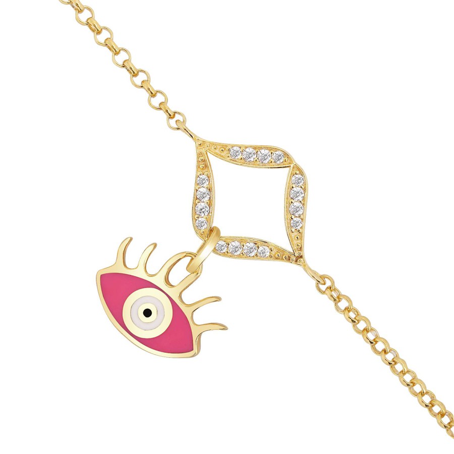 14 Ayar Sarı Altın Göz Figürlü Pembe Mineli Taşlı Bileklik