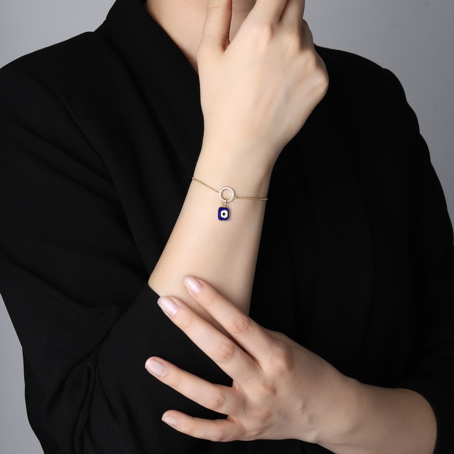 14 Ayar Sarı Altın Nazar Boncuklu Mavi Mineli Taşlı Bileklik