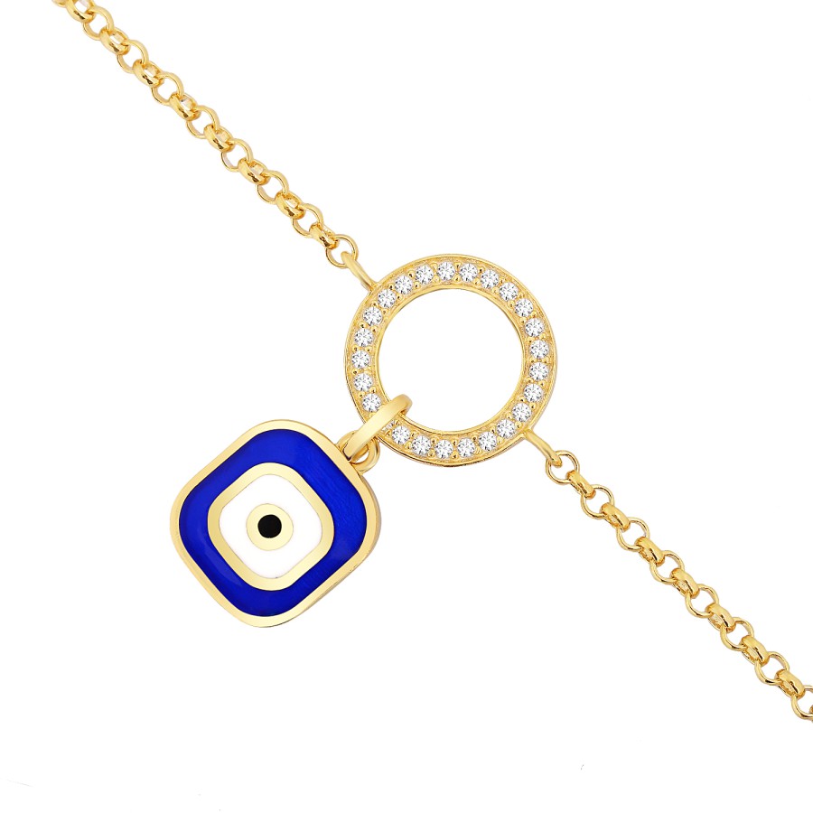 14 Ayar Sarı Altın Nazar Boncuklu Mavi Mineli Taşlı Bileklik