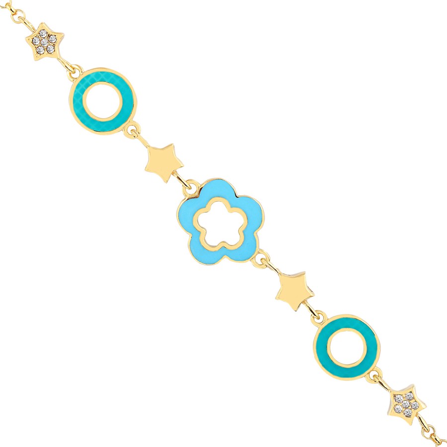 14 Ayar Sarı Altın Turkuaz Mineli Çiçek Figürlü Bileklik