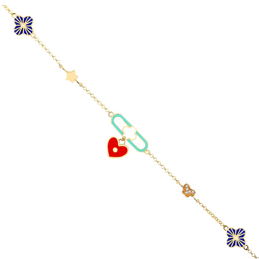 14 Ayar Sarı Altın Kırmızı Mineli Kalp Figürlü Bileklik