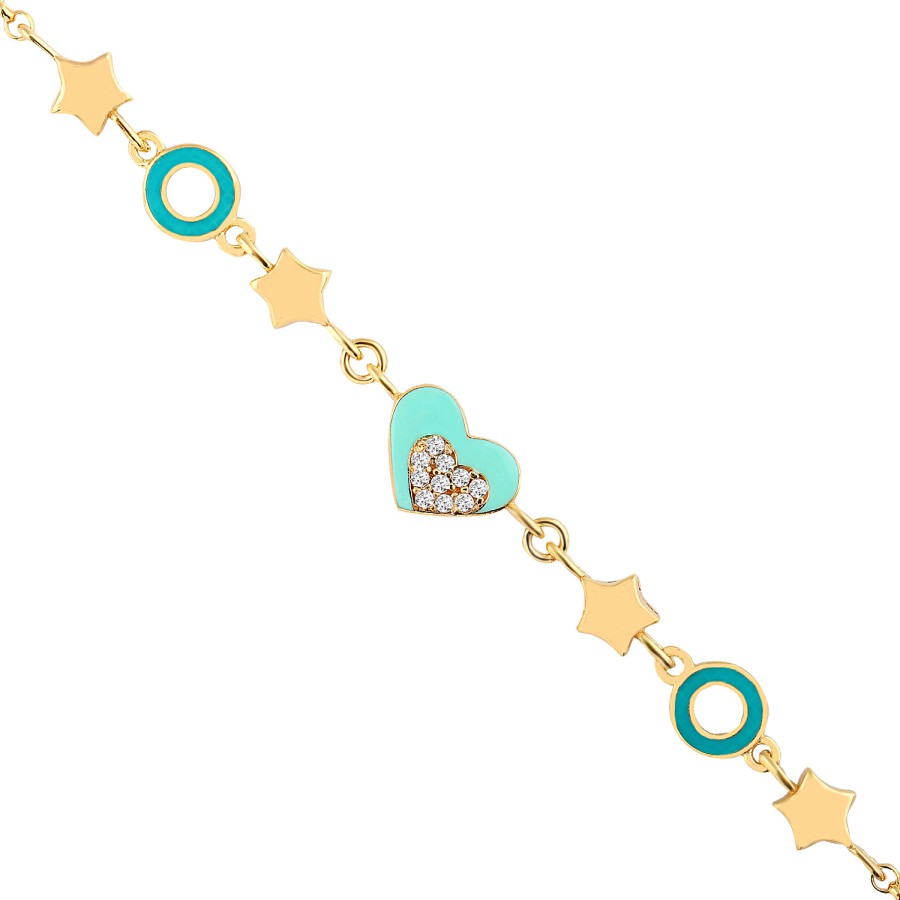14 Ayar Sarı Altın Turkuaz Mineli Kalp Figürlü Bileklik