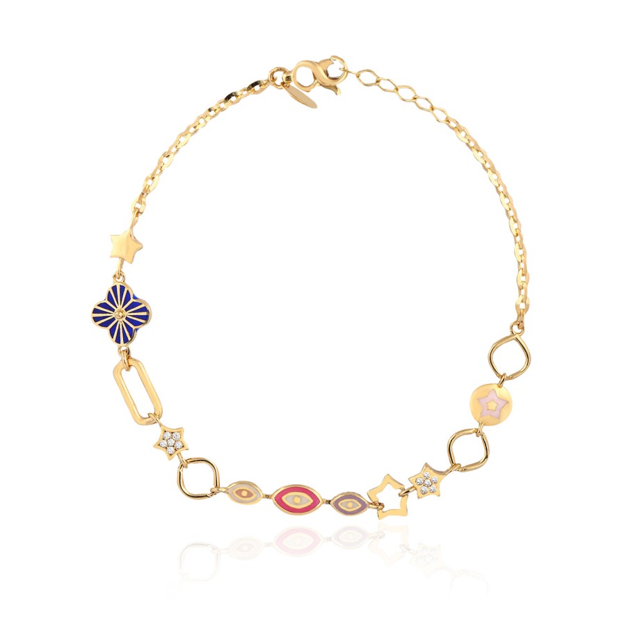 14 Ayar Sarı Altın Mineli Yıldız Ve Göz Figürlü Bileklik