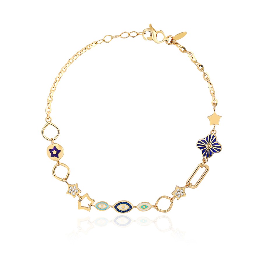 14 Ayar Sarı Altın Mineli Yıldız Ve Göz Figürlü Bileklik