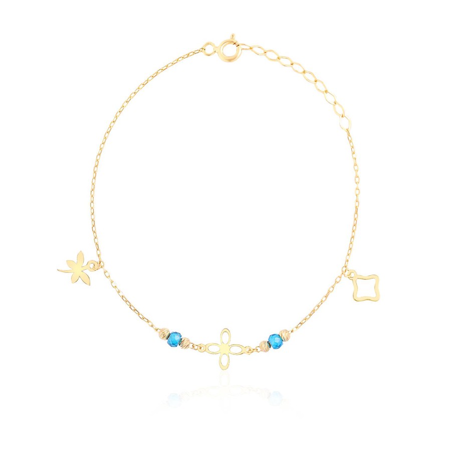 14 Ayar Sarı Altın Sallantılı Turkuaz Taşlı Çicek Figürlü Bileklik