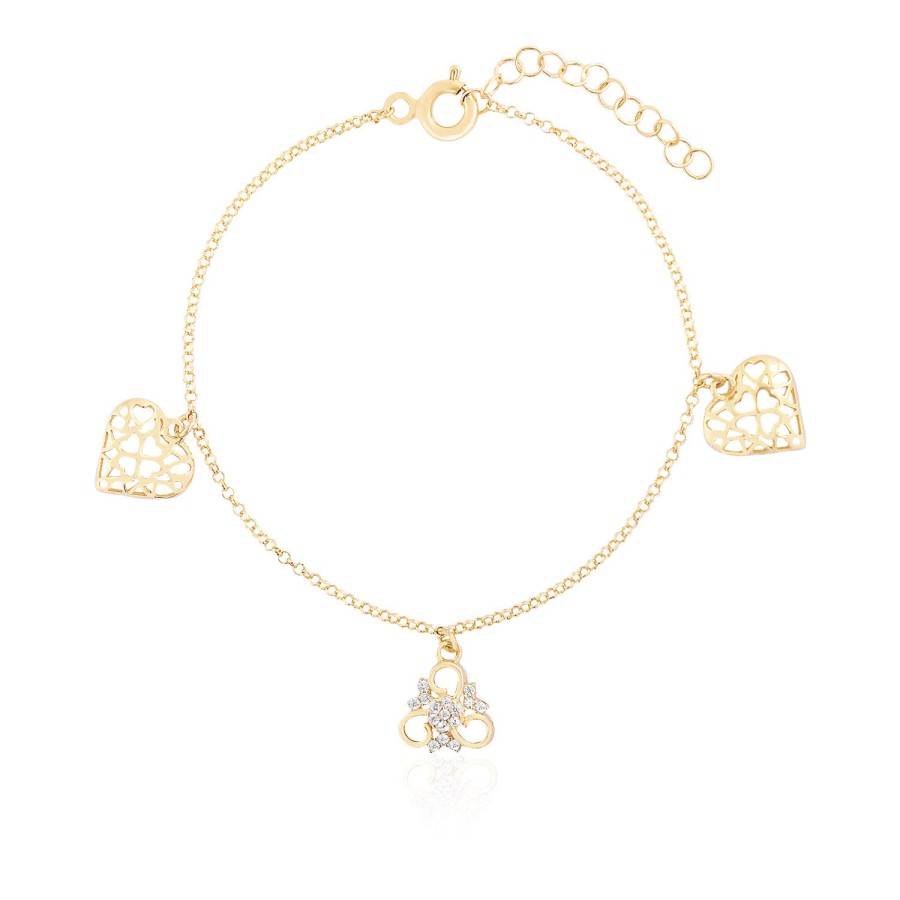 14 Ayar Sarı Altın Kalp Figürlü Sallantılı Taşlı Bileklik
