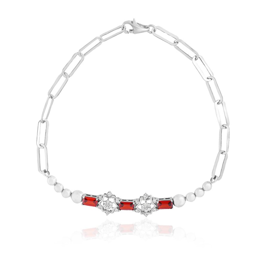 14 Ayar Beyaz Altın Kırmızı Taşlı Bileklik