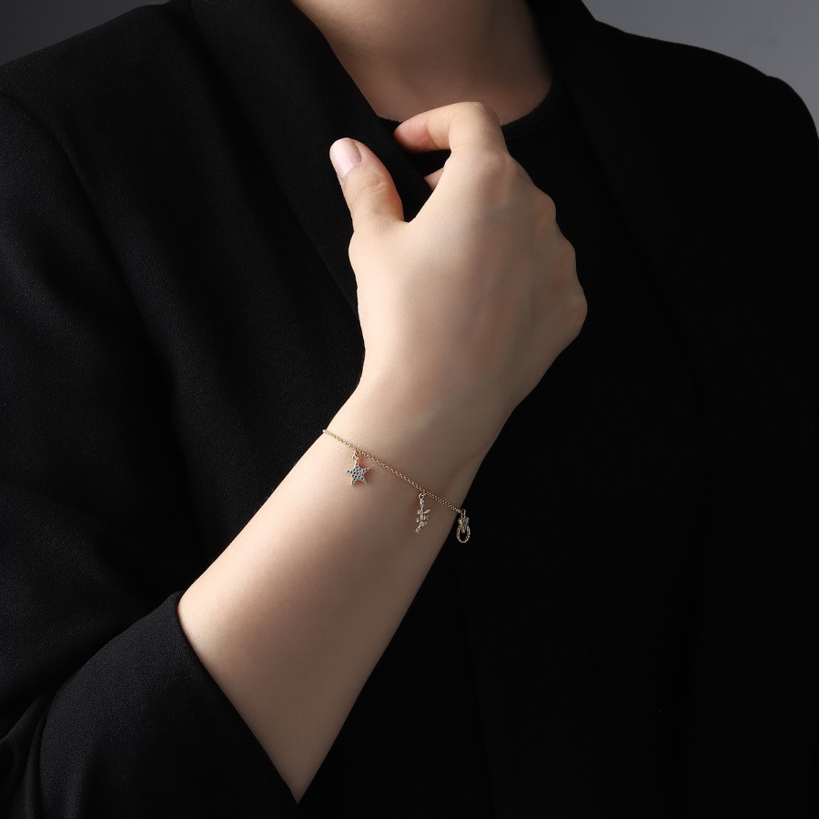 14 Ayar Sarı Altın Yıldız ve Yaprak Figürlü Sallantılı Taşlı Bileklik