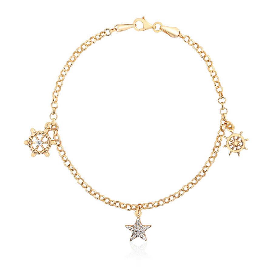 14 Ayar Sarı Altın Sallantılı Taşlı Yıldız Motifli Bileklik