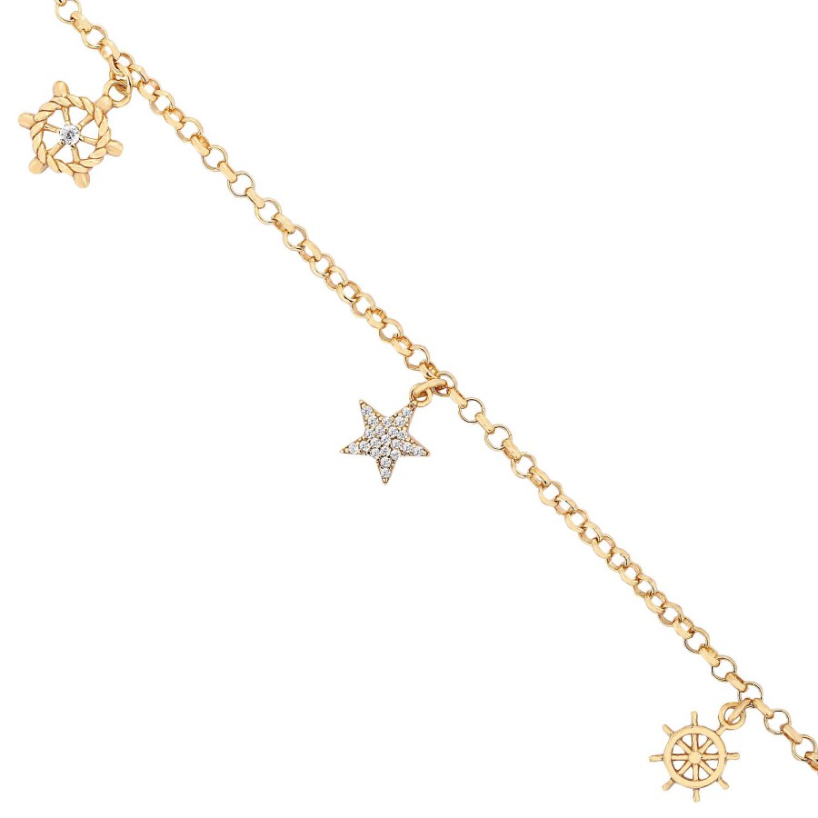 14 Ayar Sarı Altın Sallantılı Taşlı Yıldız Motifli Bileklik