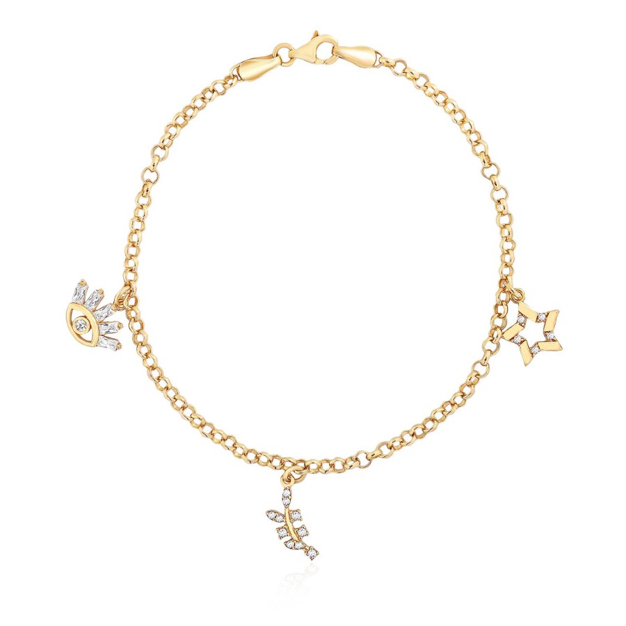 14 Ayar Sarı Altın Göz Yıldız Figürlü Taşlı Sallantılı Bileklik