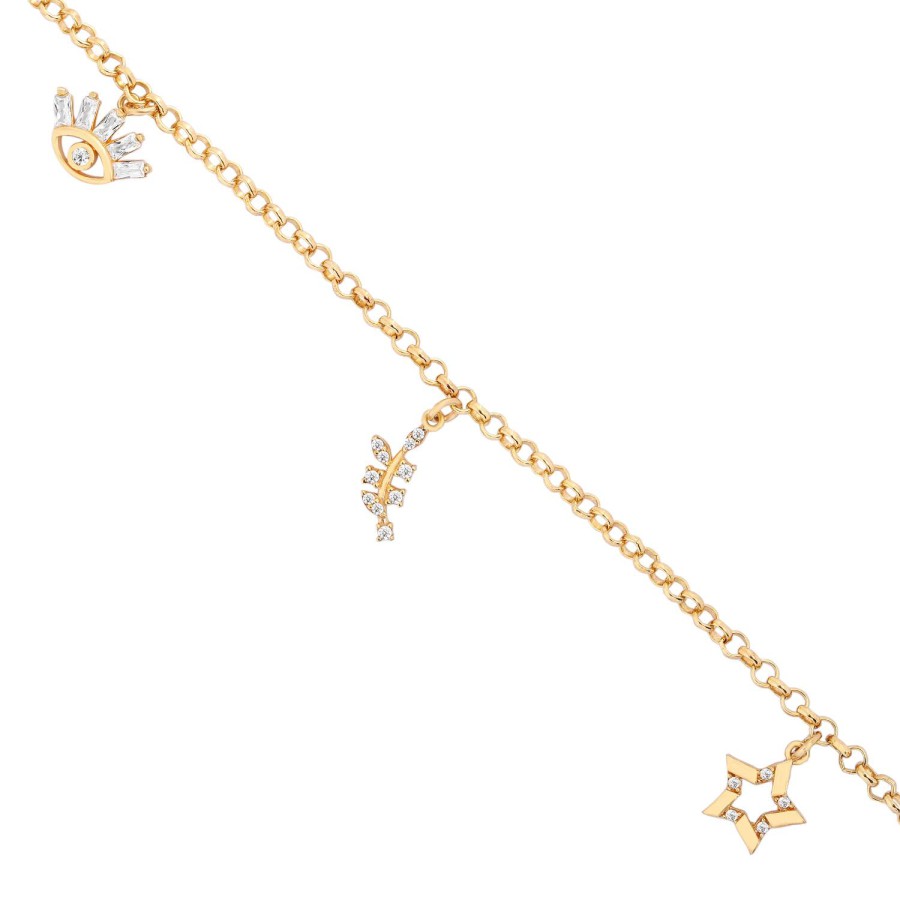 14 Ayar Sarı Altın Göz Yıldız Figürlü Taşlı Sallantılı Bileklik