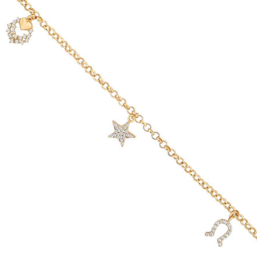 14 Ayar Sarı Altın Sallantılı Taşlı Yıldız Kalp Figürlü Bileklik