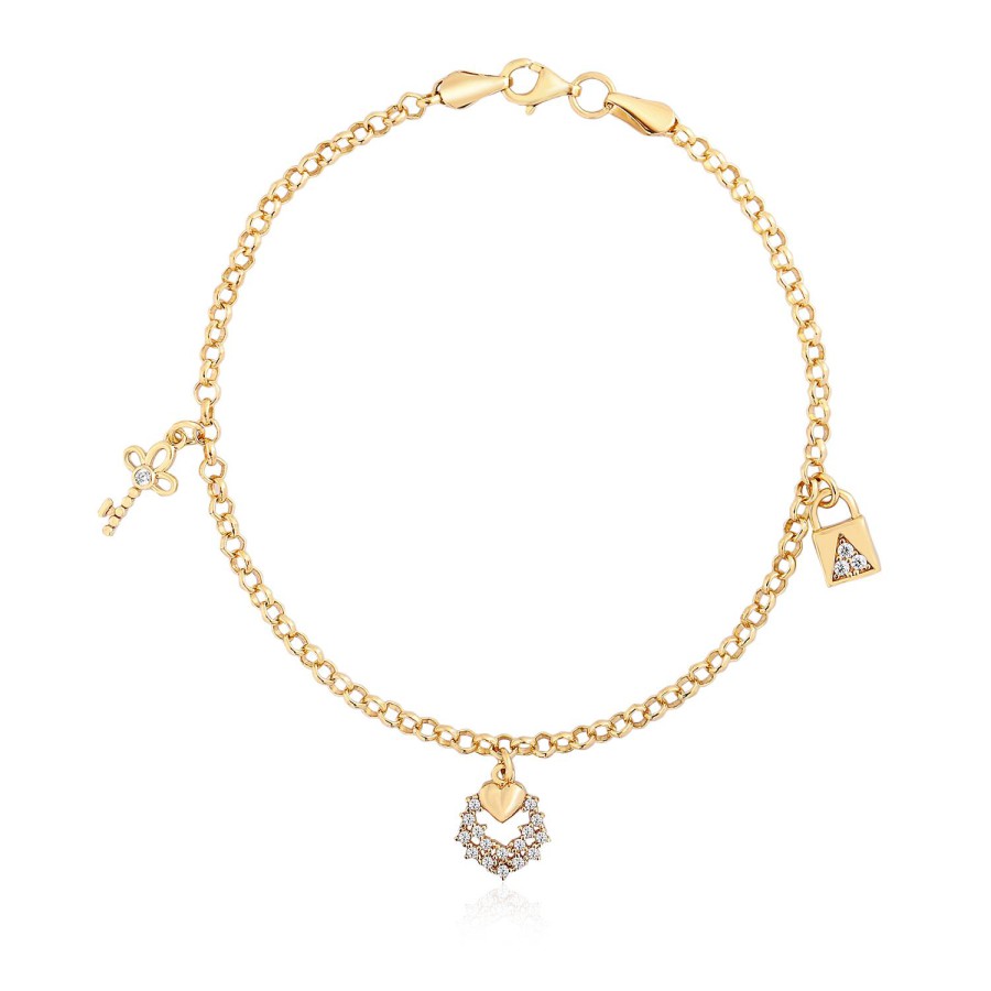 14 Ayar Sarı Altın Sallantılı Anahtar Kilit Figürlü Bileklik