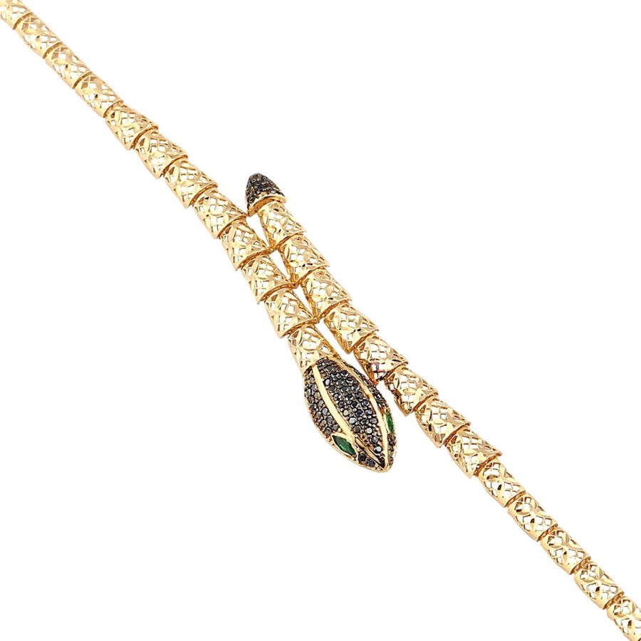 14 Ayar Sarı Altın Yılan Tasarım Taşlı Bileklik