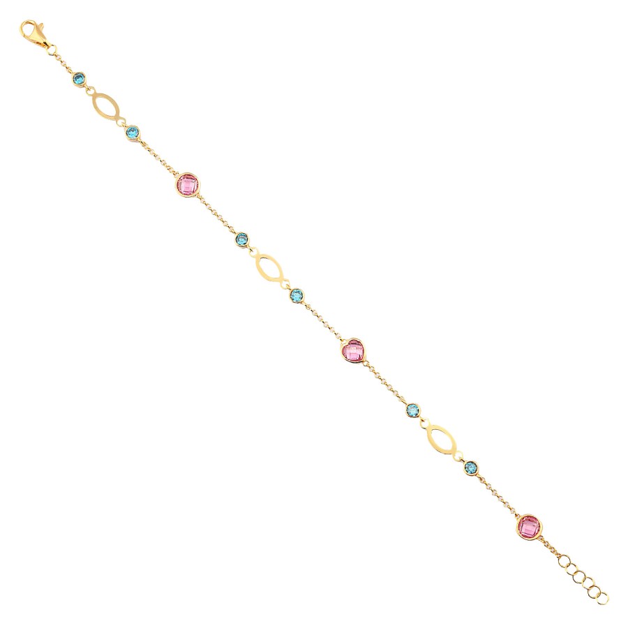 14 Ayar Sarı Altın Mavi Ve Pembe Taşlı Bileklik