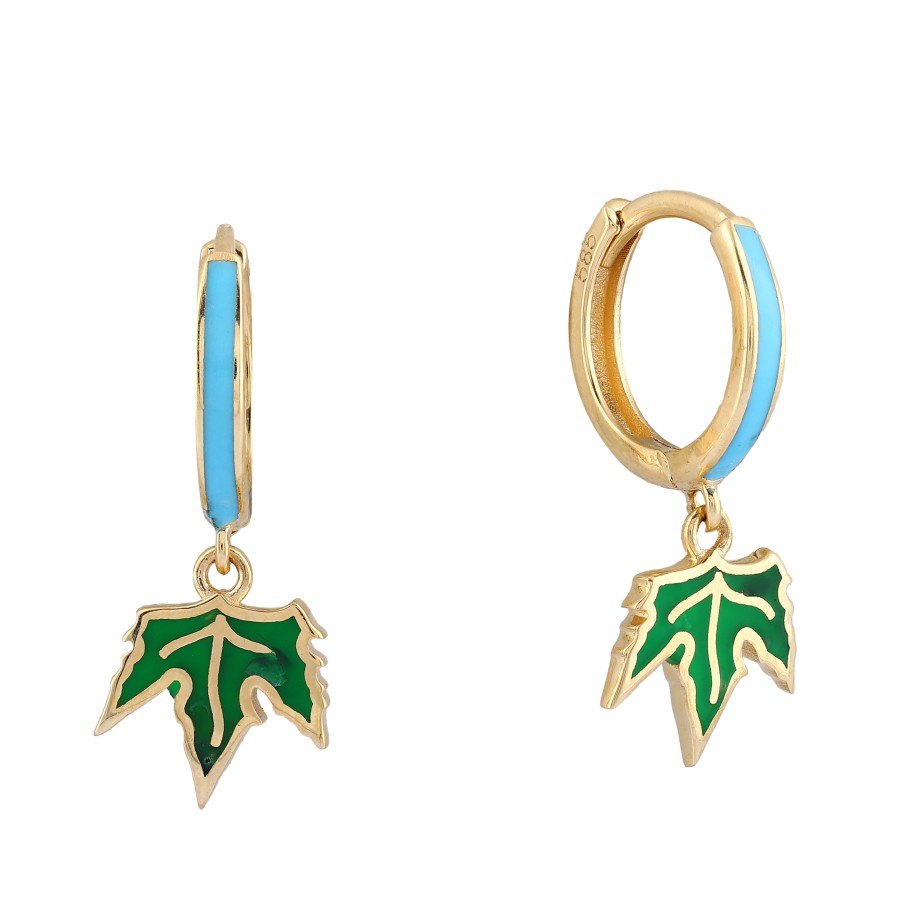 14 Ayar Sarı Altın Yaprak Figürlü Yeşil Ve Turkuaz Mineli Küpe