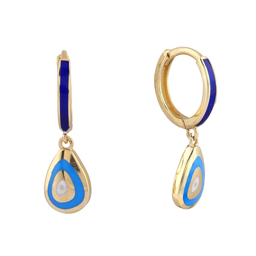 15 Ayar Sarı Altın Mavi Ve Lacivert Mineli Desenli Küpe