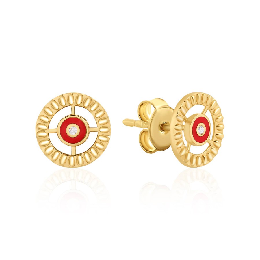 14 Ayar Sarı Altın Kırmızı Mineli Minimal Taşlı Küpe