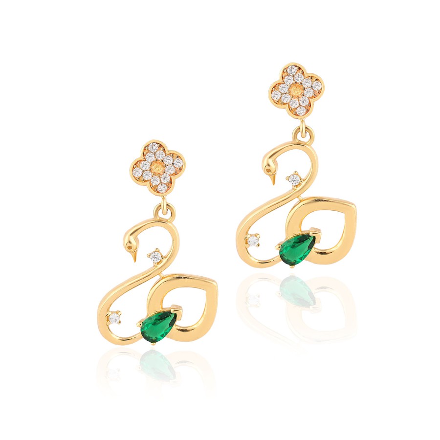 14 Ayar Sarı Altın Kuğu Figürlü Yeşil Taşlı Küpe