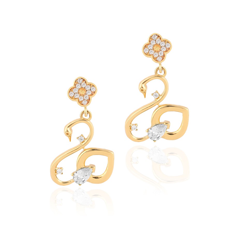 14 Ayar Sarı Altın Kuğu Figürlü Taşlı Küpe