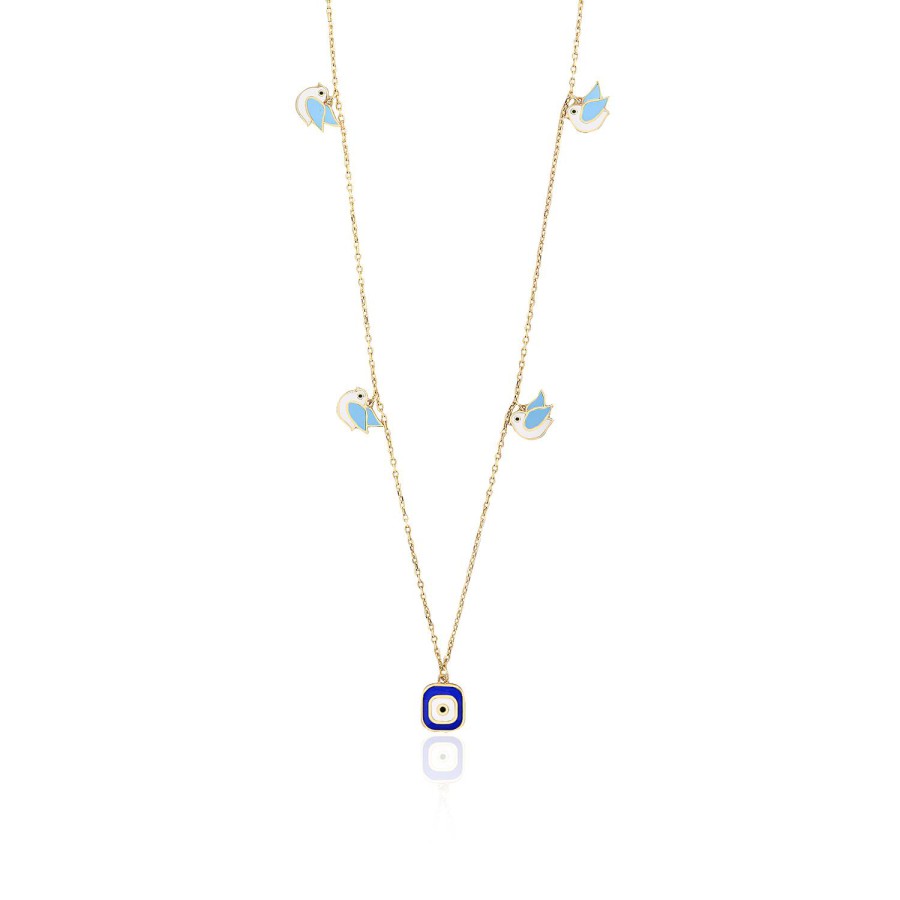 14 Ayar Sarı Altın Nazar Boncuğu Ve Kuş Figürlü Mineli Kolye