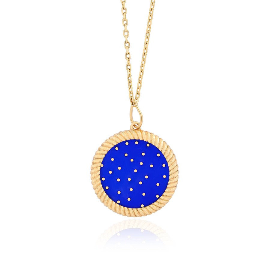 14 Ayar Sarı Altın Yuvarlak Mavi Mineli Kolye