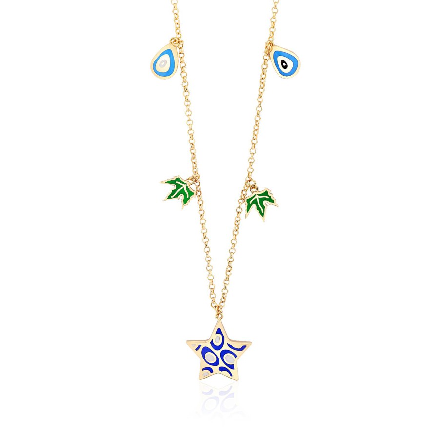 14 Ayar Sarı Altın Sallantılı Nazar Boncuğu Yaprak Yıldız Figürlü Mineli Kolye