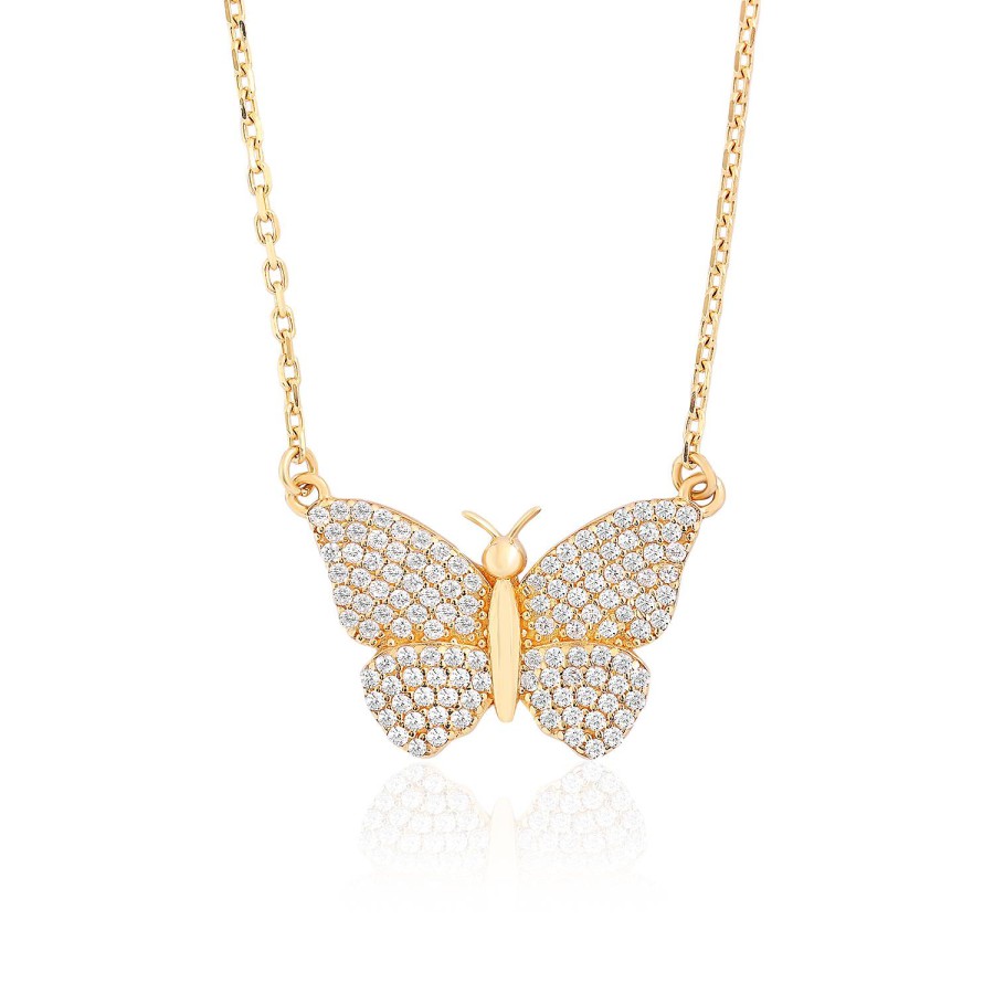 14 Ayar Sarı Altın Kelebek Figürlü Taşlı Kolye