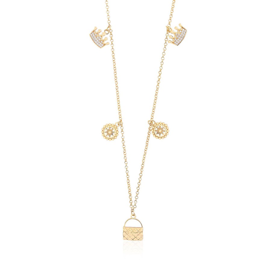 14 Ayar Sarı Altın Taç Çanta Figürlü Taşlı Kolye