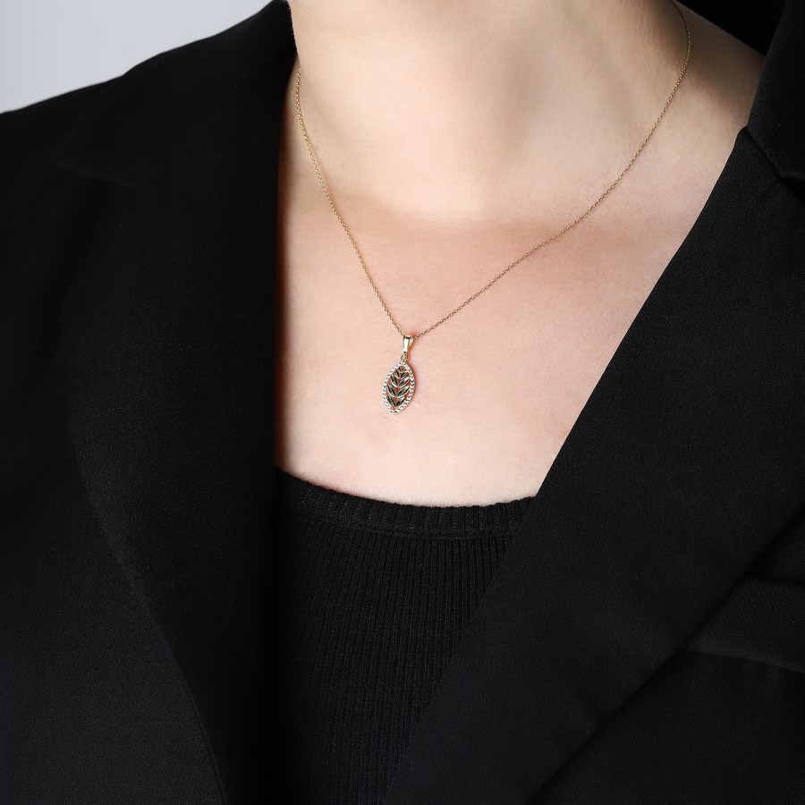 14 Ayar Sarı Altın Damla Şeklinde Çiçek Figürlü Taşlı Kolye