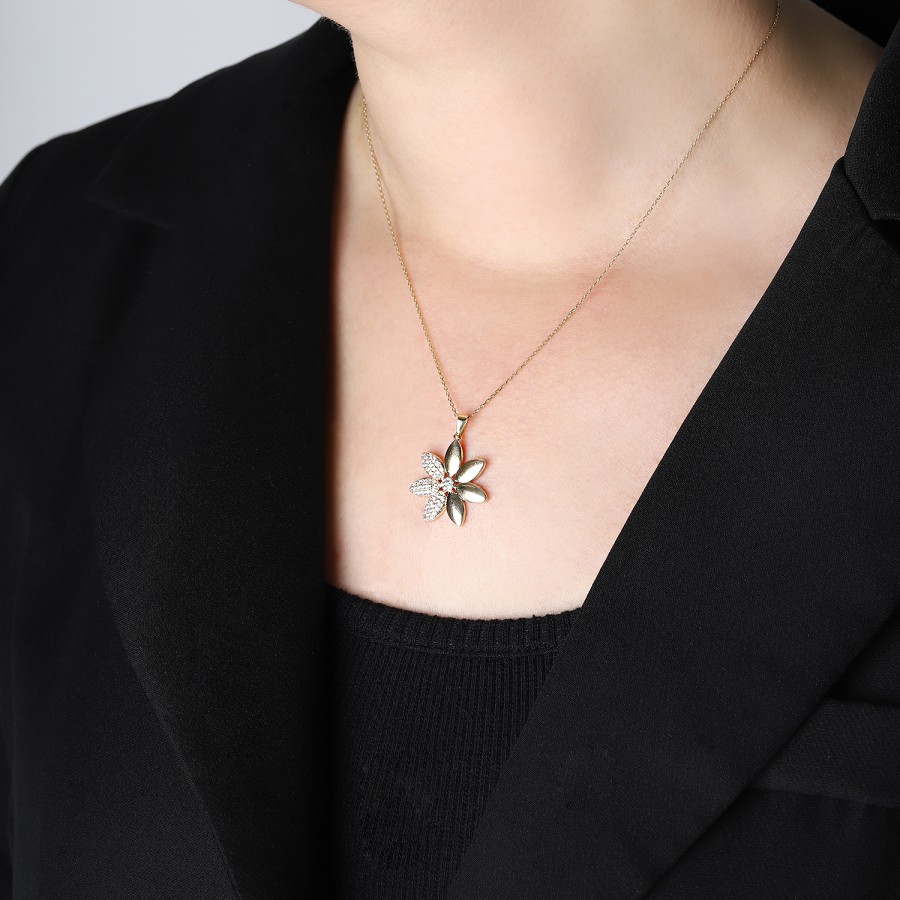 14 Ayar Sarı Altın Çiçekli Tasarım Taşlı Kolye