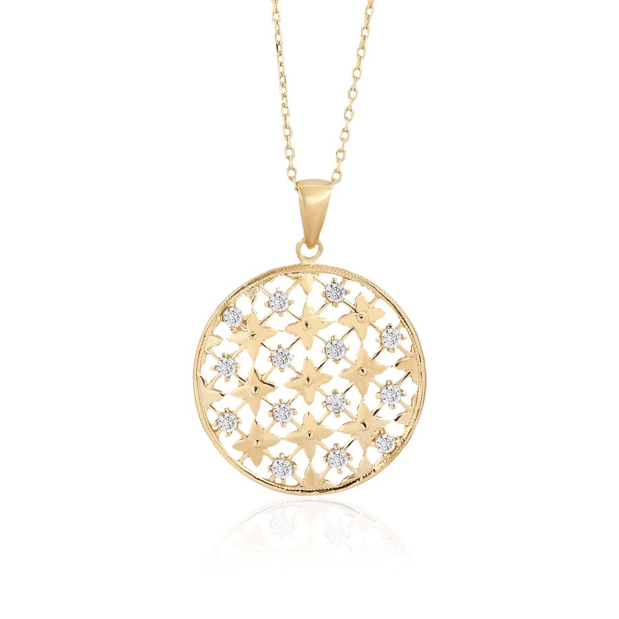 14 Ayar Sarı Altın Çiçek Figürlü Taşlı Kolye