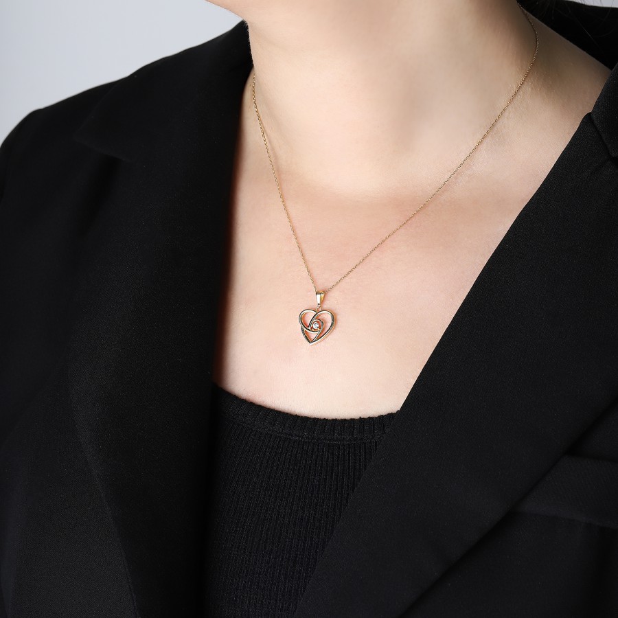 14 Ayar Sarı Altın Kalp Figürlü Taşlı Kolye