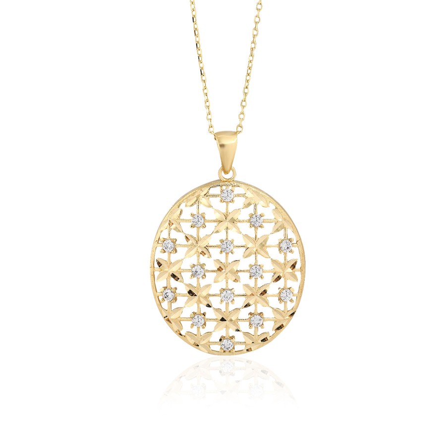 14 Ayar Sarı Altın Çiçek Figürlü Taşlı Kolye