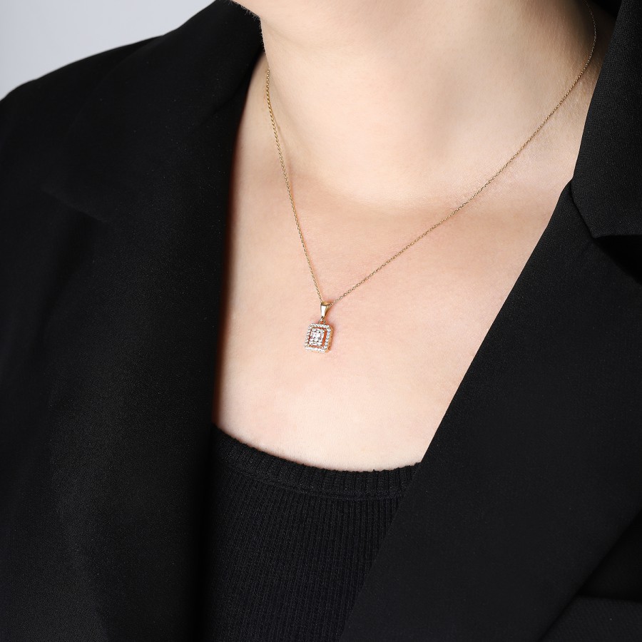 14 Ayar Sarı Altın Baget Kesim Taşlı Kolye