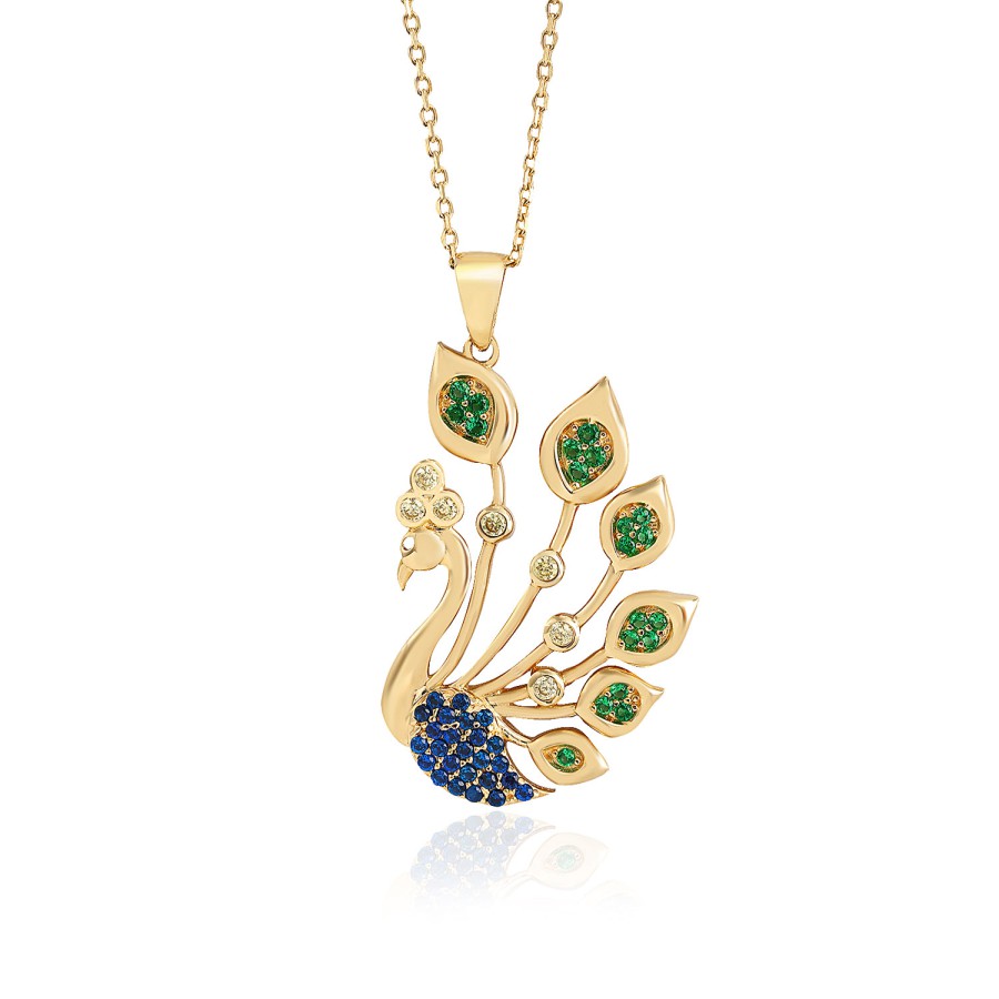 14 Ayar Sarı Altın Tavus Kuşu Figürlü Kolye
